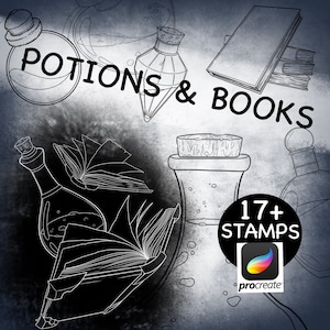 Potion Bottles & Books Procreate Stamps - Procreate Brush Tattoo Flash and Design Templates - Potion Stamps. Occult Oddities.