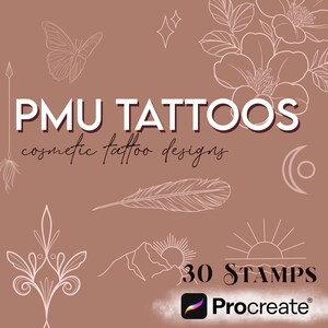 May include: A digital illustration of 30 Procreate stamps featuring cosmetic tattoo designs. The designs include a butterfly, feather, flower, crescent moon, sun, and mountain. The text "PMU TATTOOS cosmetic tattoo designs" is at the top of the image. The text "30 STAMPS" is at the bottom of the image. The Procreate logo is at the bottom right of the image.