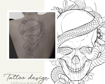 May include: Black and white tattoo design showing a skull with a snake and flowers. The design is shown on a person's back and as a larger illustration. Text reads "Tattoo design, high resolution, instant download."