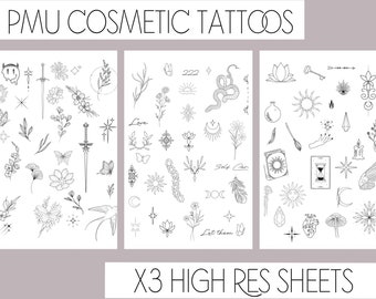 PMU Cosmetic Tattoo Designs x3 Sheets, High resolution images, flowers, butterflies & more cute designs