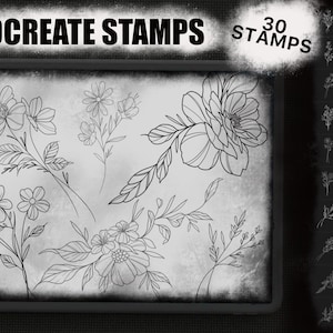 Floral Linework Procreate Stamps, 30 Hand Drawn Flash Tattoo Designs. Illustrative procreate brush stamps, tattoo design.