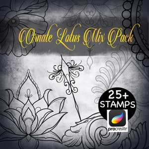 Può includere: Un set di timbri digitali in bianco e nero per Procreate con oltre 25 disegni di fiori di loto decorati. Il testo "Ornate Lotus Mix Pack" è visualizzato in lettere dorate.