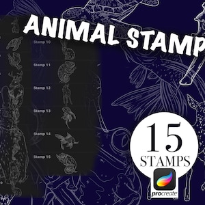 May include: Digital animal stamps for Procreate. The image features a dark blue background with white line art illustrations of various animals, including a rabbit, turtle, deer, and fish. The text "ANIMAL STAMPS" is displayed, along with "15 STAMPS".