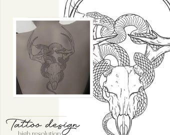 May include: Black and white line art tattoo design of a snake wrapped around a skull with antlers. The design is shown on a person's back and as a standalone image.