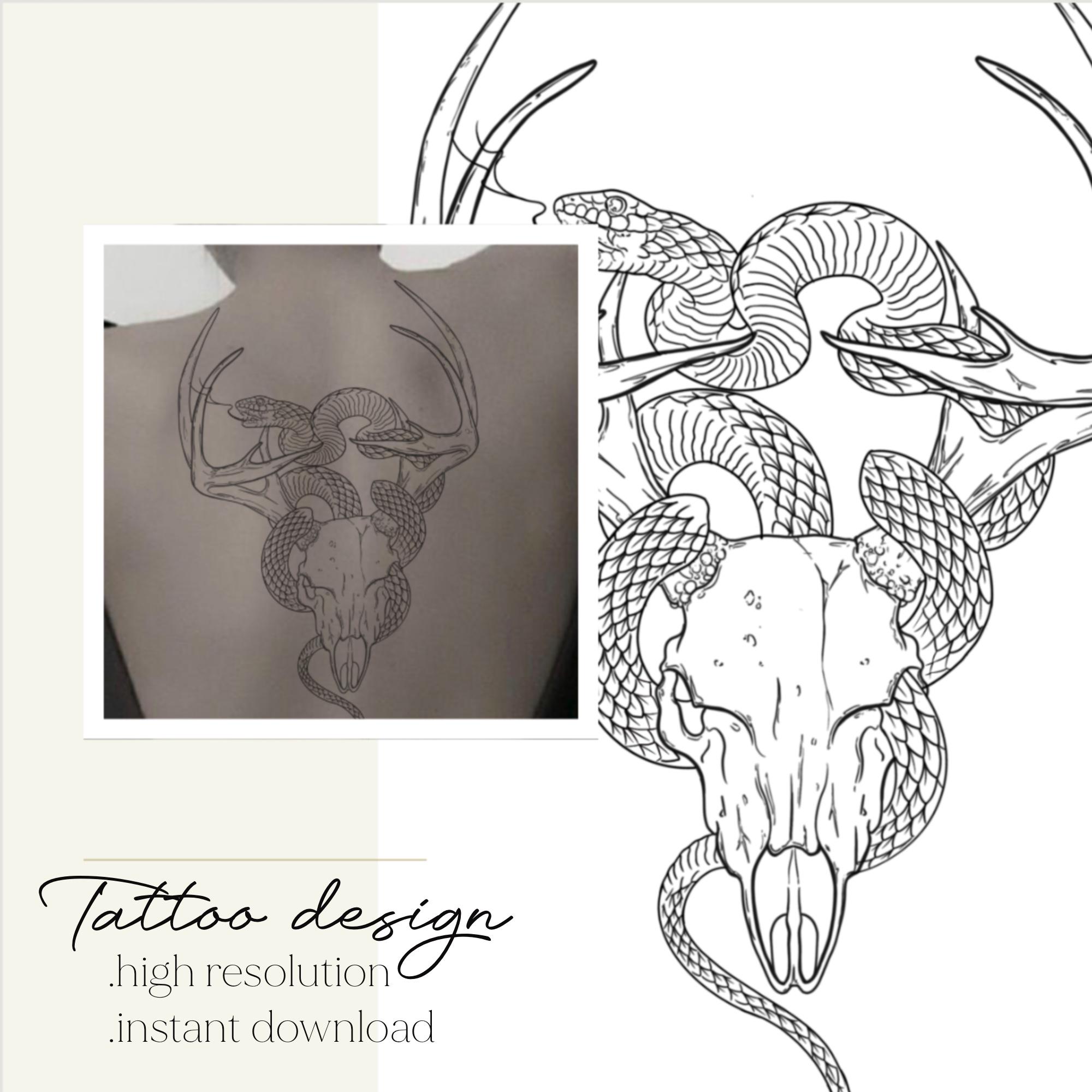 Deer Skull and Snake Tattoo Design Blackwork Fineline Illustration |  Printable Design | Stencil Ready | Country Vibe - Etsy, image size:2000x2000