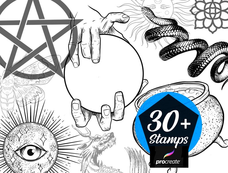 May include: A set of 30+ black and white illustrations featuring mystical and occult imagery. The illustrations include a pentagram, a moth, a hand holding a crystal ball, a snake wrapped around a sun, a cauldron, and an eye with a sunburst.