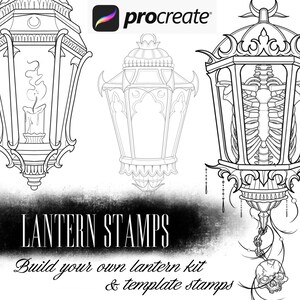 May include: A digital illustration of three black and white lantern stamps. The lanterns are ornate and detailed. The text "LANTERN STAMPS" is at the bottom of the image. The text "Build your own lantern kit & template stamps" is below the text "LANTERN STAMPS".