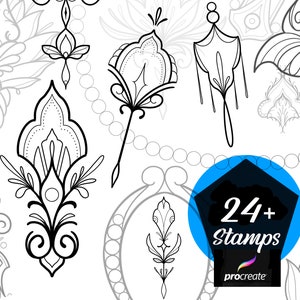 May include: A set of 24+ black and white decorative stamps for use with the Procreate app. The stamps feature intricate floral and geometric designs.