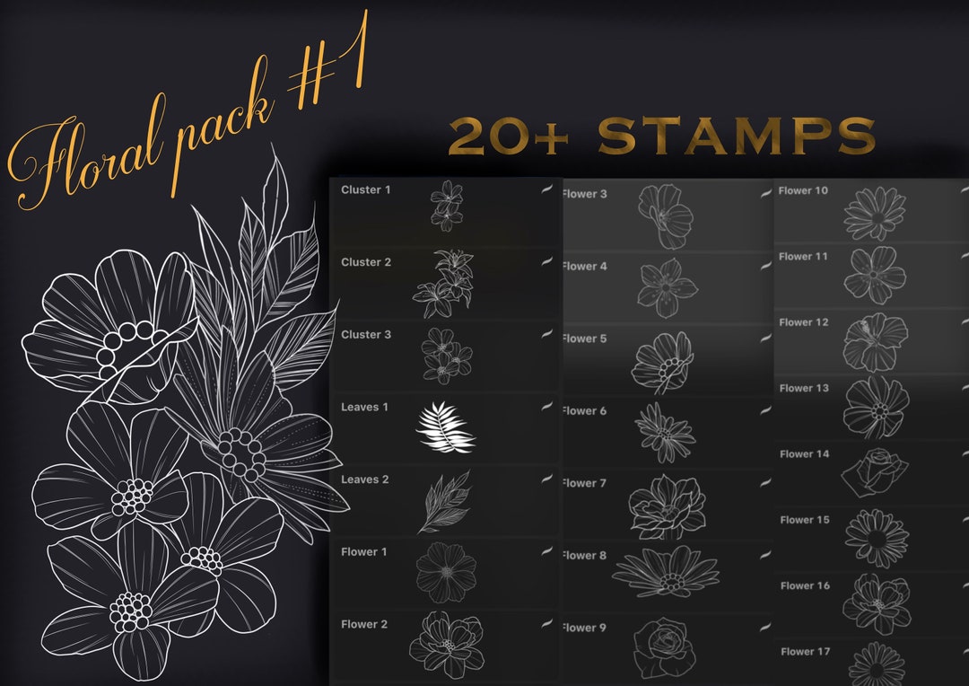 20 Flower Procreate Stamps, Flowers & Leaves, Floral Linework Tattoo ...