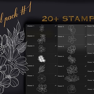 20 Flower Procreate Stamps, Flowers & Leaves, Floral Linework Tattoo Designs