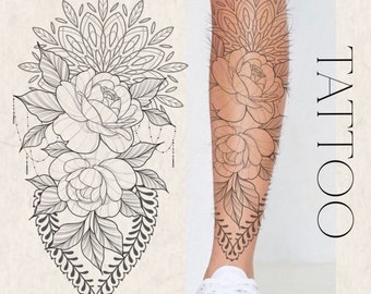 Floral Mandala Tattoo Design With Ornate Beads, Cute Tattoo Design For Women, Forearm Tattoo, Calf Tattoo, Thigh Tattoo. High Resoltution.