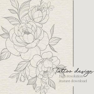 Tattoo Design of Peonies And Wild flowers | Printable Art | Instant Download