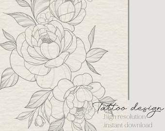 Tattoo Design of Peonies And Wild flowers | Printable Art | Instant Download