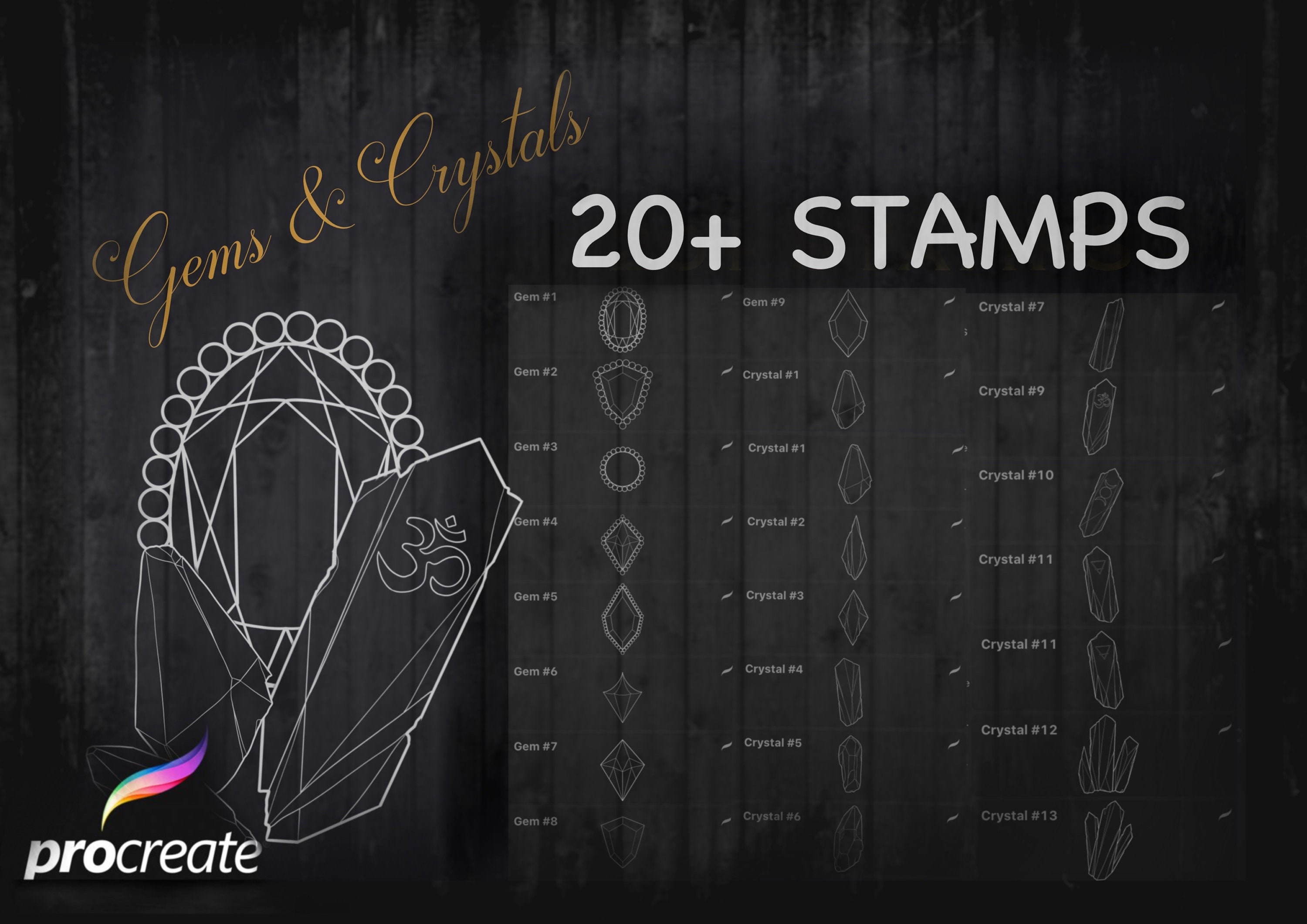 PMU Tattoo Procreate Stamps: Gems & Crystals Collection — 20+ Hand-Drawn Elegant Designs