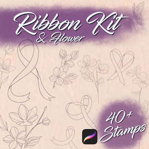 Pode incluir: Carimbos de arte digital com desenhos de fitas e flores. A imagem inclui várias formas de fitas e ilustrações florais, com o texto "Ribbon Kit & Flower" e "40+ Stamps". Uma borboleta também está presente.