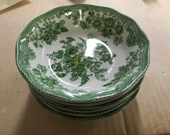 Vintage Antique Green White Floral Made in England Porcelain Royale Tunstall Chell Side Dining Plate Transferware