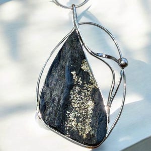 Large free form triangle, teardrop shaped pyrite necklace in sterling silver, Black gold geode pendant for women