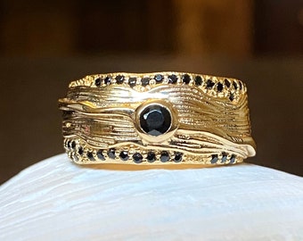 Black Spinel Gold Plated Sterling Silver Spinner Ring, Unisex Statement