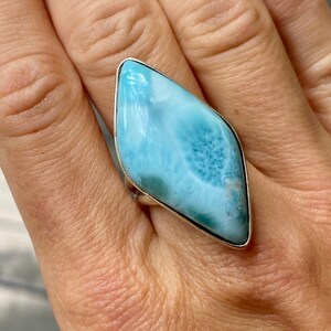 Large natural Larimar ring, Diamond shape larimar ring for men and women, Free form long ring for men and women, Size 8