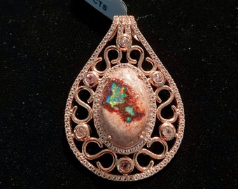 Victorian style Mexican fire opal cabochon pendant, Open work matrix pendant with pink and white sapphires in 925 sterling silver rose gold.