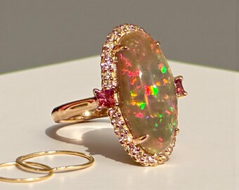 Natural semi black Ethiopian opal 5 carat ring with sapphires, Size 8