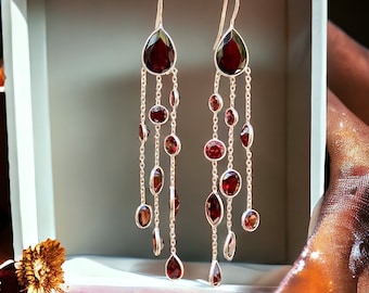 Long cascade drop and dangle chandelier red garnet earrings for women in sterling silver