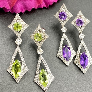 Diamond shape dangle stud amethyst and peridot sterling silver earrings for women, green peridot earrings, purple amethyst earrings