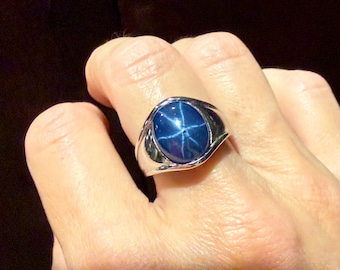 Anillo de zafiro azul estrella para hombre y mujer, talla 7.5, plata de ley.