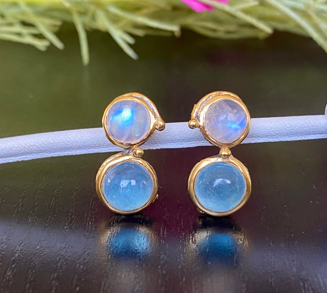 Dainty Aquamarine and Moonstone Stud Earrings Staggered Etsy