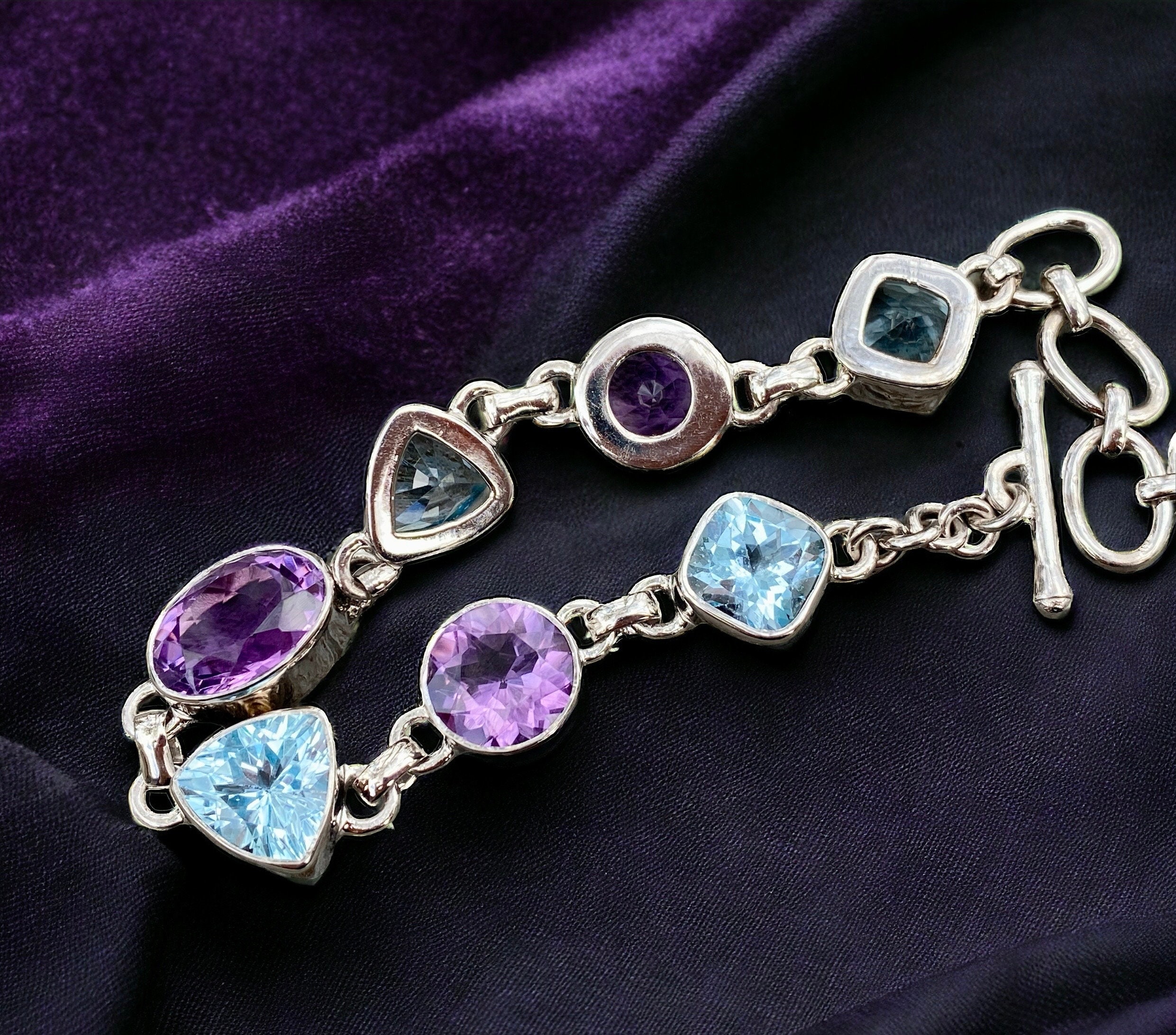 スターリングシルバーのアメジストとブルートパーズのブレスレット