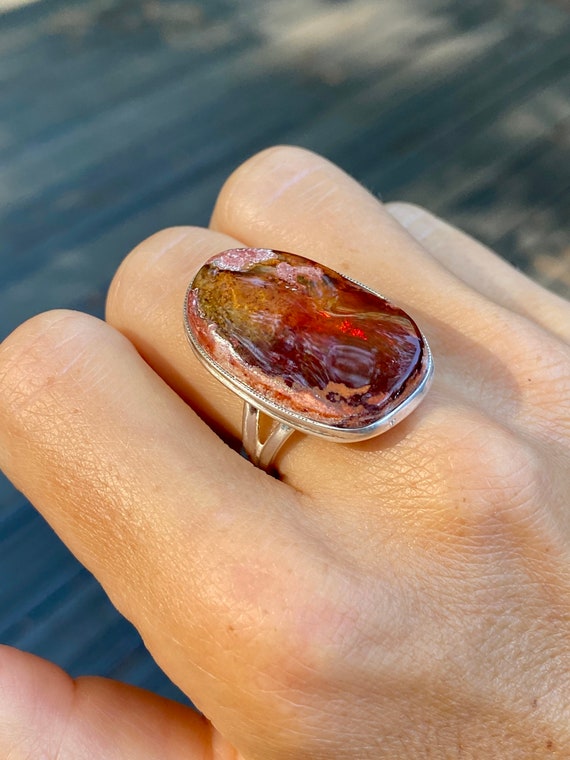 Mexican Fire Opal Ring, Opal Matrix Sterling Silver Long