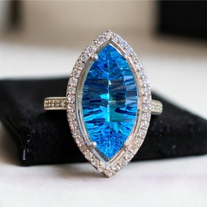 Natural Swiss blue topaz ring, Halo ring, Size 7.25, Marquise 925 sterling silver ring for women, November birthstone