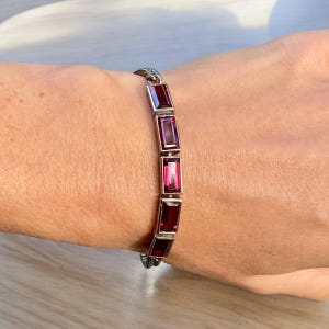 Natural rhodolite garnet unisex bracelet in sterling silver and rose gold, January birthstone bracelet for men and women