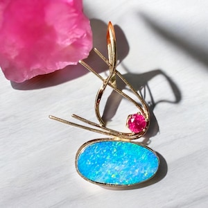 Australian opal doublet pendant with red ruby set in 14K gold. October birthstone, Australian Opal, Pendant for women, gift for her