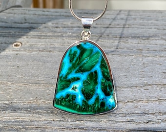 Azurite Malachite Sterling Silver Pendant, Blue Green Gemstone Necklace