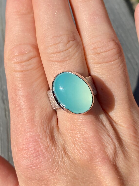 Aqua Chalcedony Ring Etched Silver Band Ring Contemporary Asymmetric Unisex Ring for Men and Women Etsy