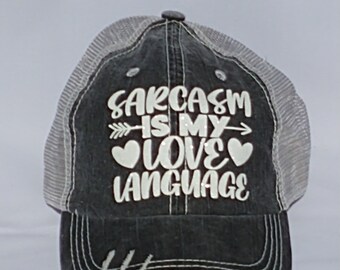 women's vintage black trucker baseball hat-low profile unstructured with sarcasm is my love language in white glitter