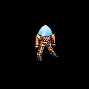 May include: A small, cartoon-style astronaut figurine with a red, yellow, and black patterned suit. The astronaut has a light blue helmet and is standing on a black background.