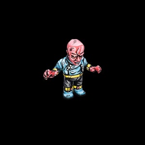 May include: A watercolor illustration of a bald, red-skinned humanoid figure with an angry expression. The figure wears a blue and yellow jumpsuit with gray pants and blue boots, set against a black background.