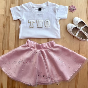 Toddler Girls Princess Pink Top and Skirt Set with Pearls and Glitter