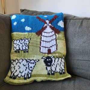 Pillowcase Pattern for Knitting – PDF Instructions: Pasture Scene (Cows, Windmill)