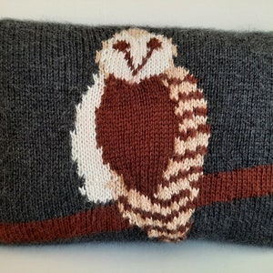 Puede incluir: Un cojín rectangular tejido con un diseño de búho. El búho está representado en tonos marrones, blancos y beige, posado en una rama marrón sobre un fondo gris oscuro. Un acogedor artículo de decoración para el hogar.