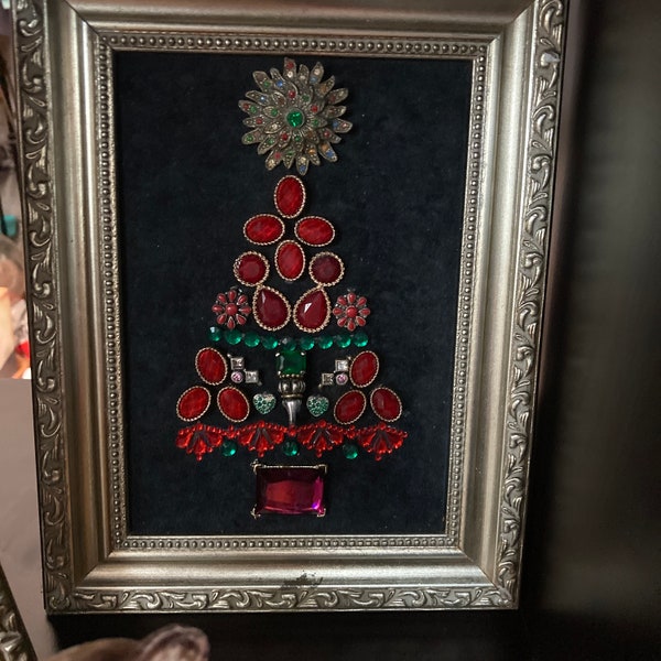 Beautiful Vintage Jeweled Christmas Tree in Ornate Frame