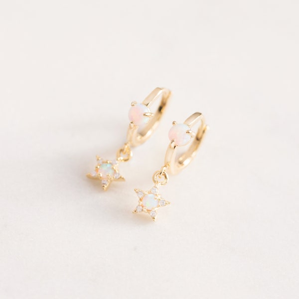 Night sky // Tiny gold opal huggie earrings, star hoop earrings, opal earrings, huggies, dainty jewelry, minimalist jewellery