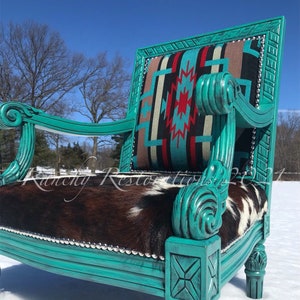 SOLD!!!!  Refinished Turquoise Western Cowhide Chair