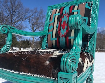 SOLD!!!!  Refinished Turquoise Western Cowhide Chair