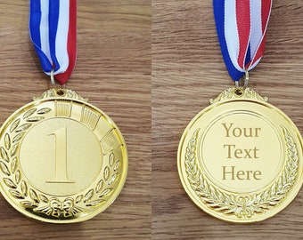 Engraved Personalised Gold Coloured Medal with ribbon - Number 1 on front of medal. 1st Place, Winner. Custom message on back. Present.