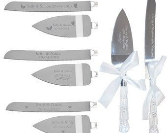 Personalised Engraved Cake Server and Knife Set with Your Choice of Ribbon Colour. Weddings Birthday Anniversary Gift