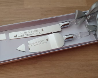 Personalised Engraved Cake Cutting Server Set with Your Choice of Ribbon Colour. Weddings Christening Anniversary Gift. Nikah Mubarak