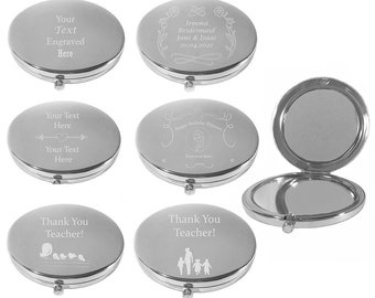 Personalised Engraved Metal Silver Compact Mirror Wedding Favours, Birthday Gift, Gift for Her. Add Your Own Text! 7 Designs. Christmas Gift